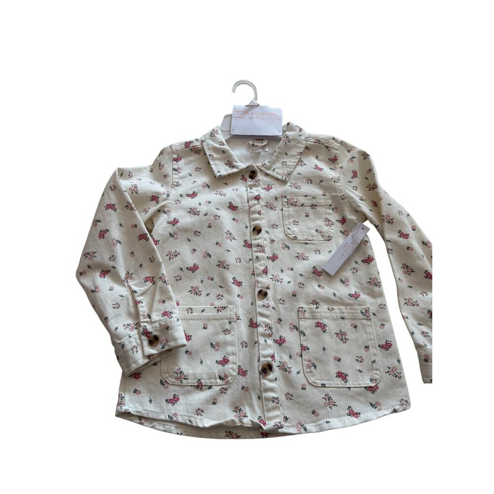 Tahari girl 7/8 white floral jean denim jacket barn style patch pockets  nwt